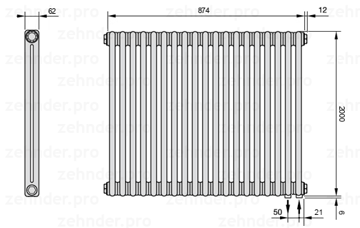 Схема (чертеж) Радиатор Zehnder Charleston 2200/19 №5510 Белый глянцевый RAL 9016